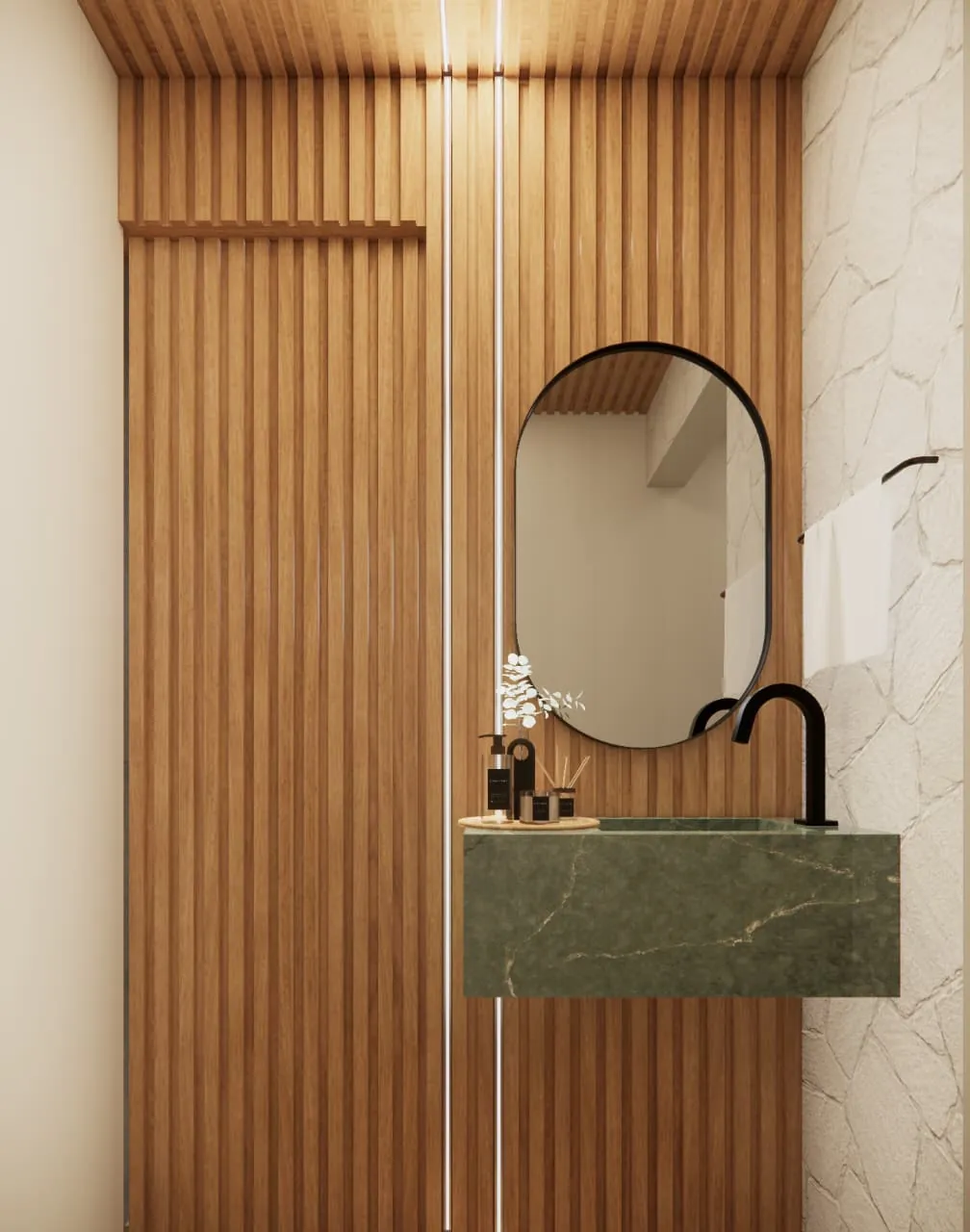 Lavabo com ripado e cuba verde