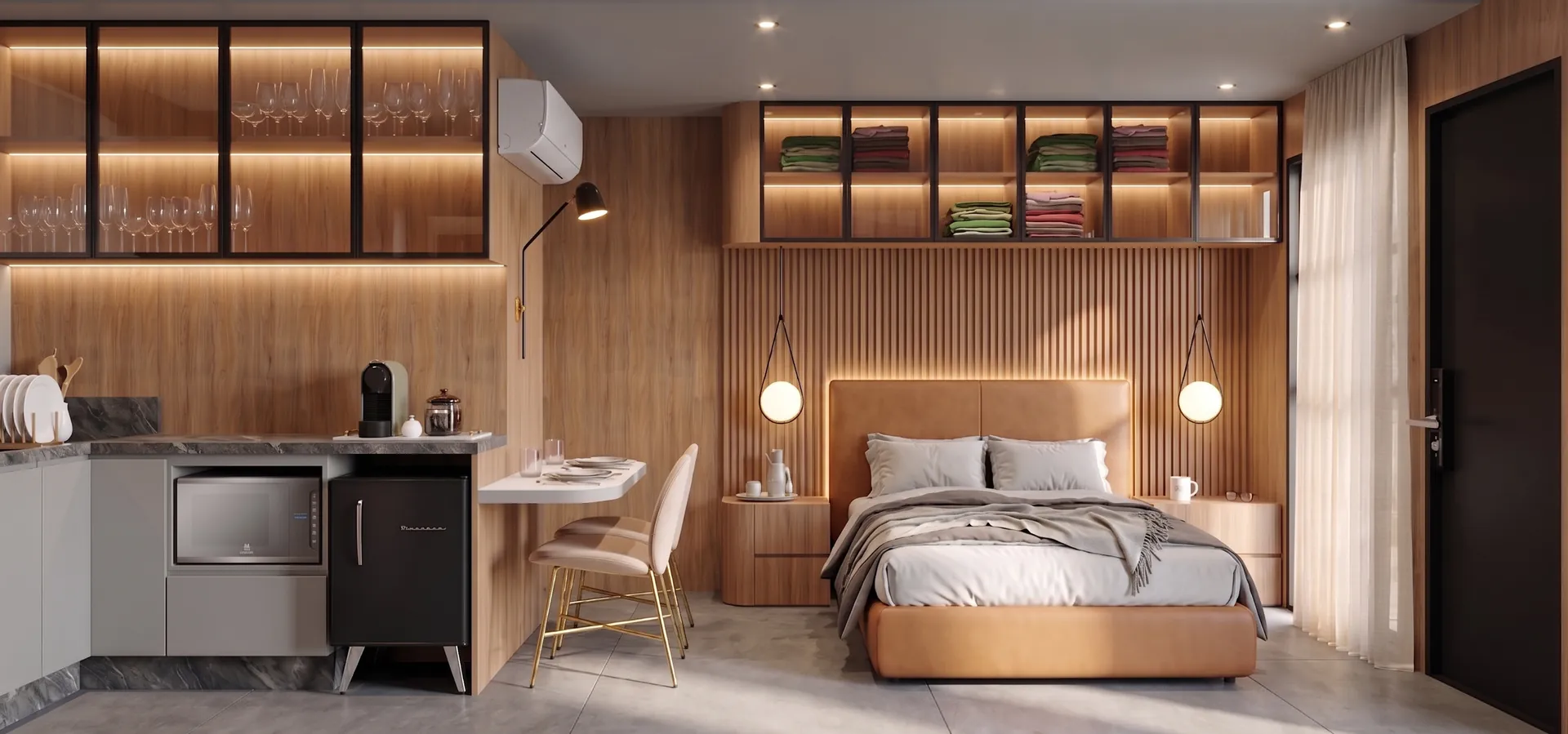 Interior da Suíte Plus: copa, mesa e cama
